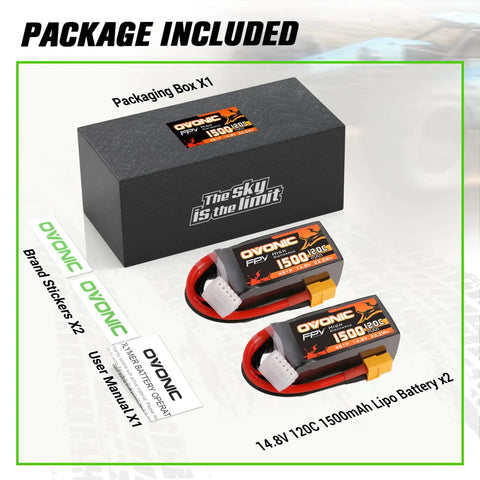 14.8V 120C 1500mAh 4S LiPo Battery With XT60 Plug For FPV Drones Quadcopters RC Planes Boats Cars 2 Pack shown with packaging