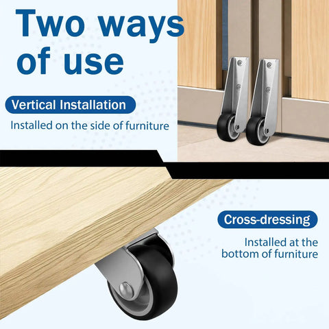Heavy Duty Low Profile Caster Door Support Wheel Replacement For Garden Gates Rustproof Stainless Steel And Rubber Roller showing vertical and cross-dressing installation options.