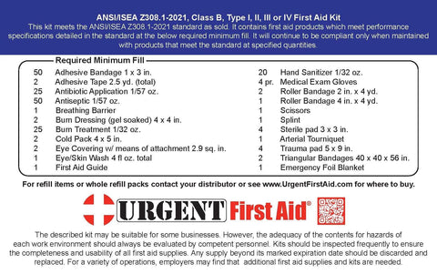 ANSI Class B first aid kit refill label for 50-person, 208-piece contents with Urgent First Aid logo