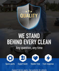 Person cleaning driveway with pressure washer, text overlay 'We Stand Behind Every Clean' and quality guarantee symbols.