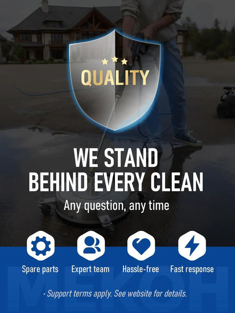 Person cleaning driveway with pressure washer, text overlay 'We Stand Behind Every Clean' and quality guarantee symbols.