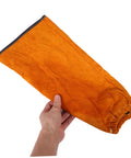 Heavy Duty Cowhide Welding Arm Sleeves Heat Resistant Flame Retardant Full Coverage Arm Protectors shown being held, bright orange.