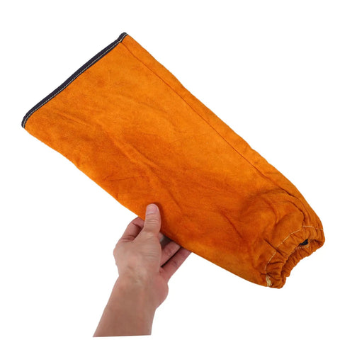 Heavy Duty Cowhide Welding Arm Sleeves Heat Resistant Flame Retardant Full Coverage Arm Protectors shown being held, bright orange.