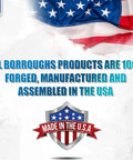 USA flag background with text stating all Borroughs products are 100% forged, manufactured, and assembled in the USA.