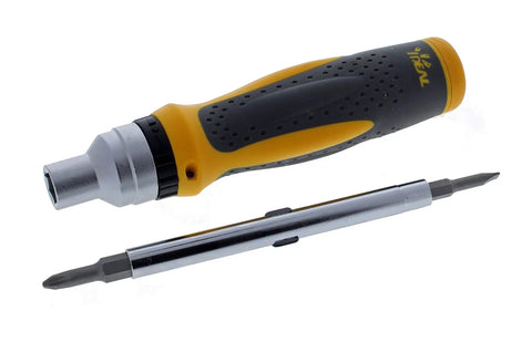Pro Grade 9-In-1 Ratcheting Nut Driver And Screwdriver Set For Electricians, featuring chrome vanadium build and quick-change bits.