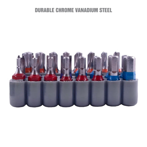 33 Piece Tamper Proof Security Bit Set With One Quarter Inch Hex Bit Holder shown with durable chrome vanadium steel bits.
