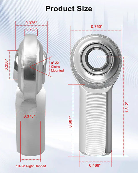 Shop Grade Stainless Steel Rod End Bearings dimensions, showing right hand female thread and precise measurements on C1045 steel.