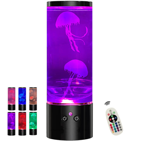 Jellyfish Lamp Liquid Table Lamp With Remote Control Color Changing Night Light For Aquarium Tanks Kid And Adult Friendly Decor Awesome Gift For Christmas And Birthdays showing glowing pink jellyfish in black base with remote