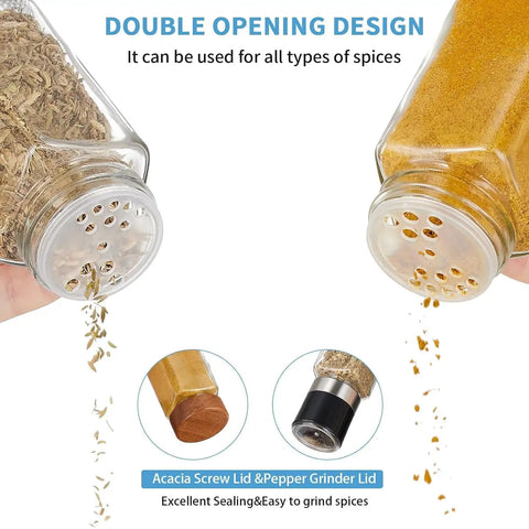 Glass Spice Jars Set 24 Pack Four Ounce Square Containers With Airtight Wood Lids And Shaker Pepper Grinder Stainless Funnel Waterproof Labels And Blank Labels Empty Spice Organizer For Kitchen Rack Drawer Cabinet showcasing double opening design.