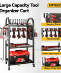 Rolling Garage Storage Cart With 8 Outlet Power Strip On Wheels featuring tool hangers, electric drill holders, and red toolbox storage