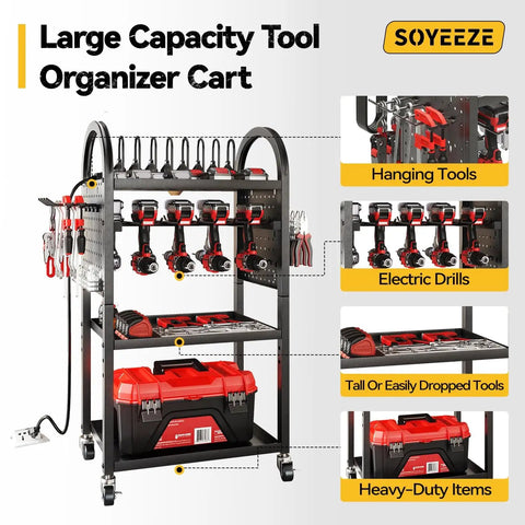 Rolling Garage Storage Cart With 8 Outlet Power Strip On Wheels featuring tool hangers, electric drill holders, and red toolbox storage