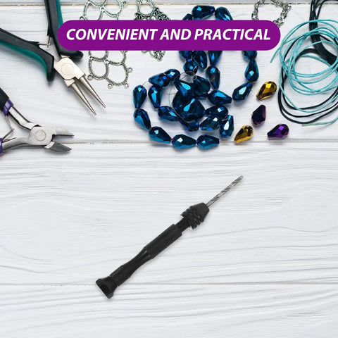 Miniature Hand Drill Set With Pin Vise For Jewelry Making, handheld on wooden surface with beads and tools nearby.