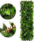 Expandable Fence Privacy Screen For Balcony And Patio 2 Pack Faux Ivy Fencing Panels With Willow Frame Natural Look Backdrop For Garden And Backyard Easy To Clean Maintenance Free 16 By 45 Inch Closed Expands To 92 Inch Wide showing green leaves and wooden frame close-up.