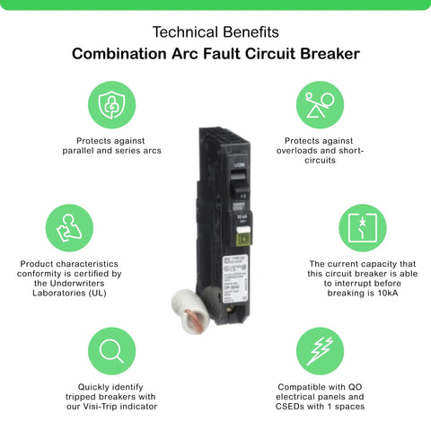 QO 15 Amp Arc Fault Breaker AFCI, Single Pole, Combination Style, Plug On Design, technical benefits summary