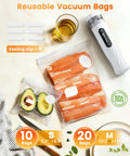 Portable Vacuum Sealer For Food With 80kPa Suction And Lock Function Includes 30 Reusable Bags on kitchen table with food items