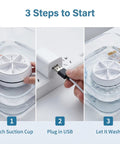 Portable Mini Ultrasonic Washing Machine For Everyday Laundry And Kitchen Prep This Compact Auto Cycle Device Is A Real Game Changer With Four Easy Settings For A Fast Chemical Free Rinse That Cuts Through Grease Zero Hassle And Pure Fresh. Steps to start usage with suction cup, USB plug, and washing action.