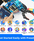 Makeblock mBot Ultimate robot kit with blue metal frame and claw, smartphone-controlled (front view)