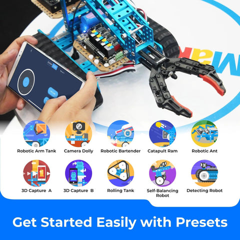 Makeblock mBot Ultimate robot kit with blue metal frame and claw, smartphone-controlled (front view)