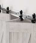 Bi Folding Sliding Barn Door Hardware Kit For Four Doors With Top Mount Track In Black Finish installed on wooden doors