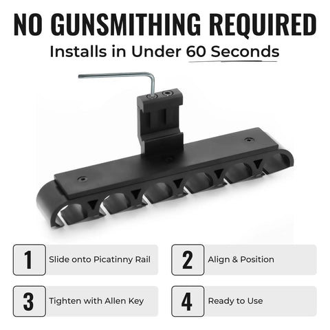 Six-Shell 12 Gauge Picatinny Side Saddle Shell Holder With Fast Access Reloads, no gunsmithing, illustrated installation steps