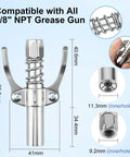 Image of grease gun attachment from Eight Piece Grease Gun Tips Kit With Needle Nozzles Dispenser Lock And Lube Coupler Attachments Bearing Packer Elbow Adapters Zerk Fittings Cleaner For All One Eighth Inch NPT Small Spaces And Deep Holes, showing dimensions for NPT compatibility.