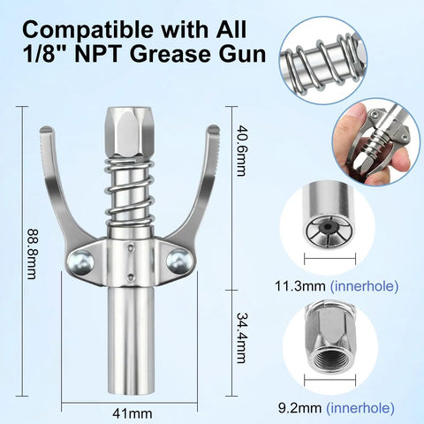 Image of grease gun attachment from Eight Piece Grease Gun Tips Kit With Needle Nozzles Dispenser Lock And Lube Coupler Attachments Bearing Packer Elbow Adapters Zerk Fittings Cleaner For All One Eighth Inch NPT Small Spaces And Deep Holes, showing dimensions for NPT compatibility.