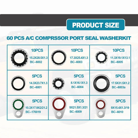 60 Piece AC System Compressor Gasket Seals Kit With 9 Sizes Bonded Seal Washers For Air Conditioning Port Seals product sizes
