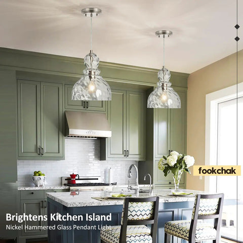 Brushed Nickel Cool Hammered Glass Pendant Light for Kitchen Island and Dining Room 10 Inch Hand Blown Modern Glass Pendant