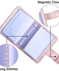 Slim RFID Blocking Card Holder Wallet Organizer Case With Magnetic Closure in PU Leather, open view highlighting stitches and closure.