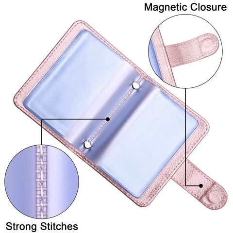 Slim RFID Blocking Card Holder Wallet Organizer Case With Magnetic Closure in PU Leather, open view highlighting stitches and closure.