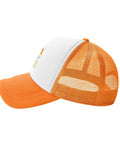 Side view of Hilarious I Hate Pulling Out Camper Hat For RV And Camping Trips Mesh Trucker Cap in orange with mesh back