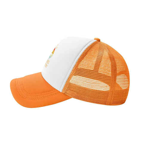 Side view of Hilarious I Hate Pulling Out Camper Hat For RV And Camping Trips Mesh Trucker Cap in orange with mesh back