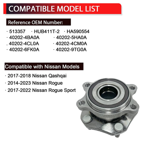 Front Wheel Bearing Hub Assembly for Nissan Rogue 2014-2023, Rogue Sport 2017-2022, and Qashqai 2017-2018 with 5 Lug and ABS