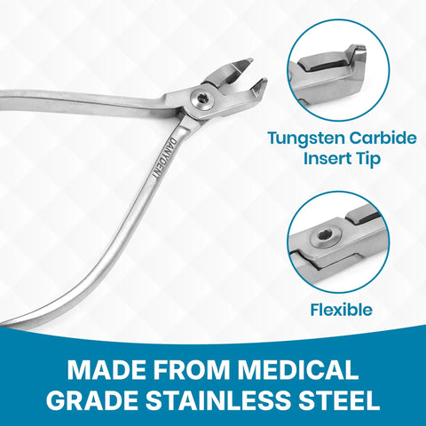 Pro Grade Distal End Cutter Pliers For Braces Wire Trim Hold And Cut Hard And Soft Arch Wires Safely Tungsten Carbide Inserts Stainless Steel Dental Tool Essential For Orthodontic Work close-up of carbide tips