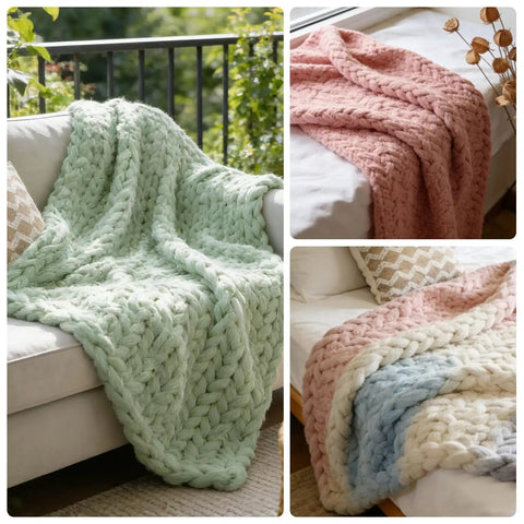 Chunky knitted blankets in pastel colors displayed on sofas and beds