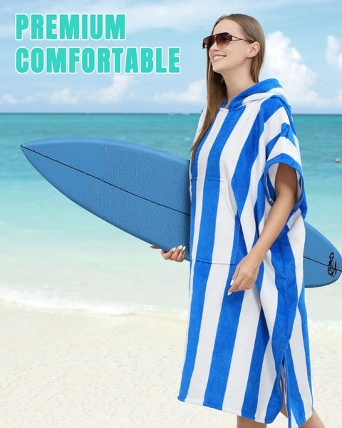 Woman holding surfboard in Hooded Surf Poncho Towel For On The Go Privacy Women Men Changing Robe with front pocket at beach