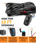 Universal 12V Rock Lights Wiring Harness Kit With 16AWG Lead Rocker Switch Relay And Fuse shown coiled with labeled features