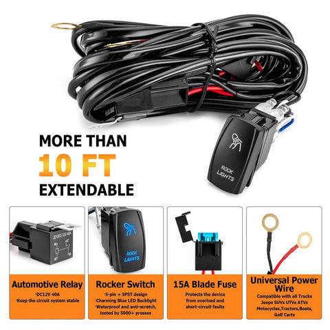 Universal 12V Rock Lights Wiring Harness Kit With 16AWG Lead Rocker Switch Relay And Fuse shown coiled with labeled features
