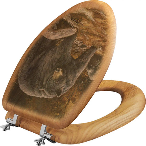 Elongated Toilet Seat With Oak Veneer Featuring Streamside Bear Outdoor Image Durable Wood Look Vibe Fits US Standard Elongated Toilets