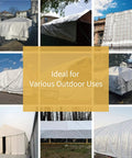 Collage showing White Tarp 24x24 Feet, 7 Mil, Double-Sided Go-To Tarp used outdoors covering boats and structures