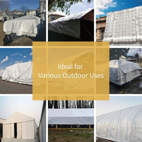 Collage showing White Tarp 24x24 Feet, 7 Mil, Double-Sided Go-To Tarp used outdoors covering boats and structures