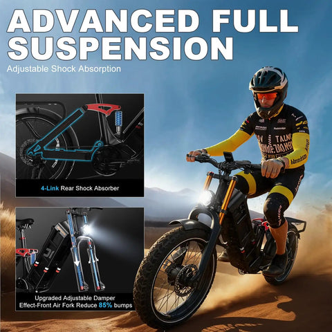 Ripping Through Dirt On This Badass 5400W Dual Motor Electric Fat Tire Bike For Adults showcasing advanced full suspension and shock absorber.