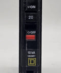 QO120 20 Amp Circuit Breaker front view showing 1 Pole, 120 Volt, UL Listed, 10kA AIR, plug-in standard design