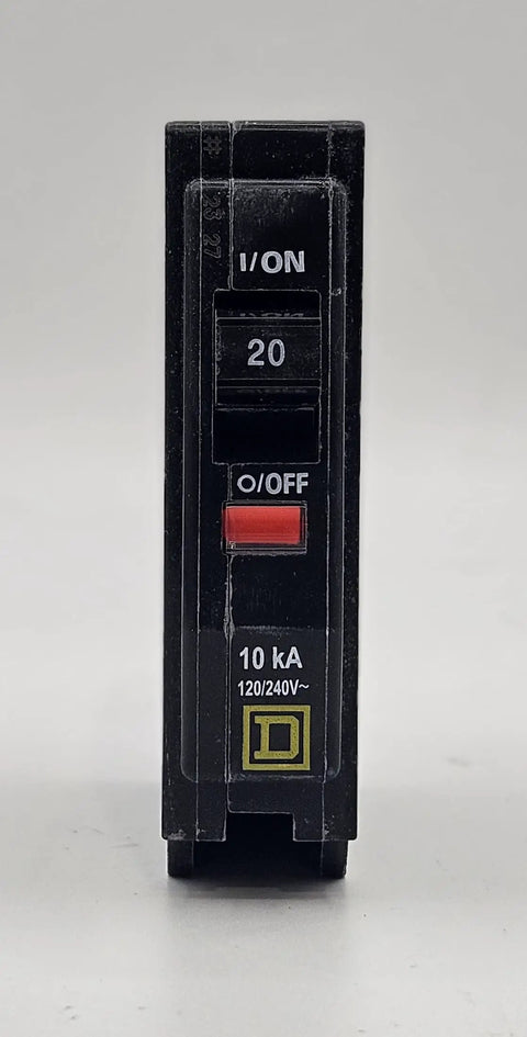 QO120 20 Amp Circuit Breaker front view showing 1 Pole, 120 Volt, UL Listed, 10kA AIR, plug-in standard design