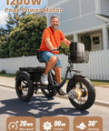 Electric Tricycle For Adults 1200W Peak Power 36V 20Ah Battery 75 Mile Range Large Rear Basket 20 Inch Fat Tire 3 Wheel Folding Ebike Max 20 MPH Lava Color Easy Fold Comfortable Daily Cruiser, man riding black 3-wheel trike with front basket