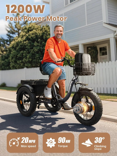 Electric Tricycle For Adults 1200W Peak Power 36V 20Ah Battery 75 Mile Range Large Rear Basket 20 Inch Fat Tire 3 Wheel Folding Ebike Max 20 MPH Lava Color Easy Fold Comfortable Daily Cruiser, man riding black 3-wheel trike with front basket