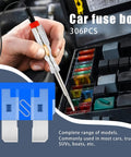 Heavy Duty 306 Piece Automotive Fuse Assortment Kit With Puller And Tester showcasing fuses and a tester tool in use.