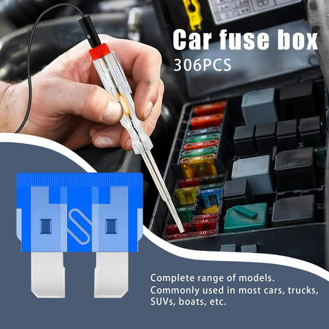 Heavy Duty 306 Piece Automotive Fuse Assortment Kit With Puller And Tester showcasing fuses and a tester tool in use.