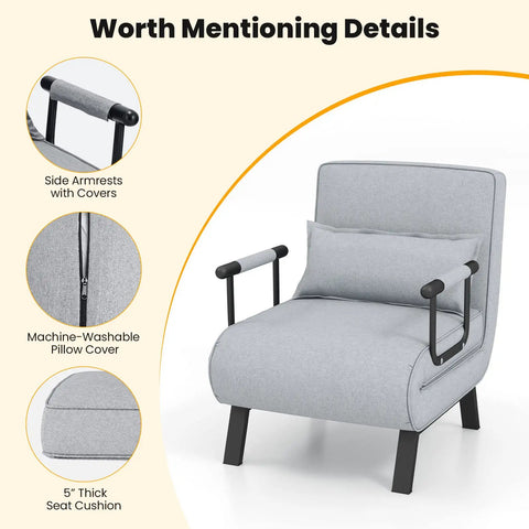 4-In-1 Convertible Sofa Bed Sleeper Chair With 6-Position Adjustable Backrest, Pillow, Metal Legs, Linen Upholstery, Gray