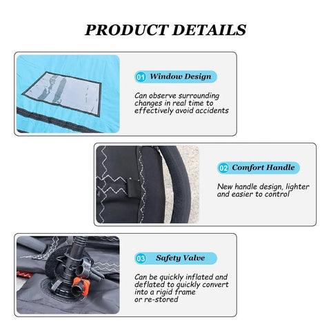 Product details image showing window design, comfort handle, and safety valve for Inflatable Surfing Wing And Wind Kite For Windsurfing And Foil Boarding.